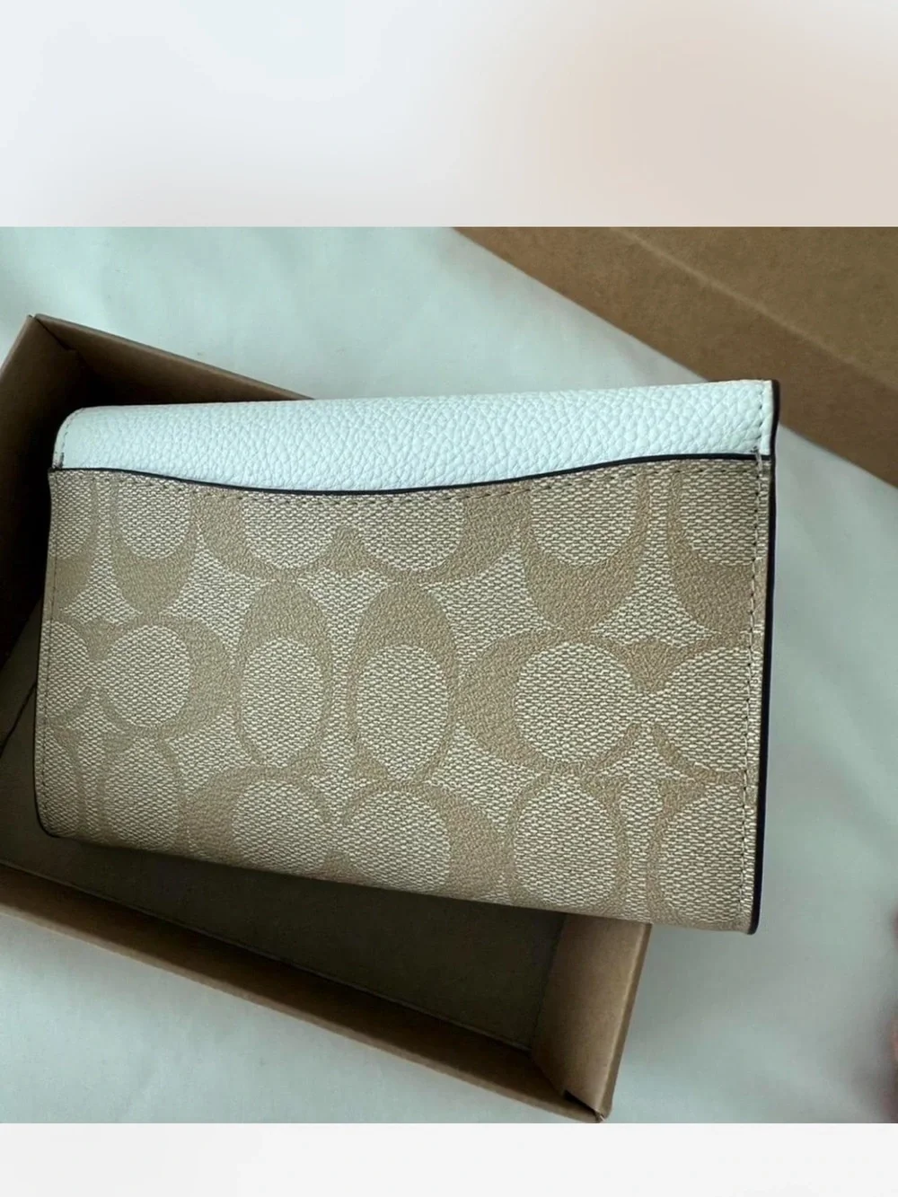 Coach Signature Canvas Wallet with White Flap & Brown Snakeskin Accent